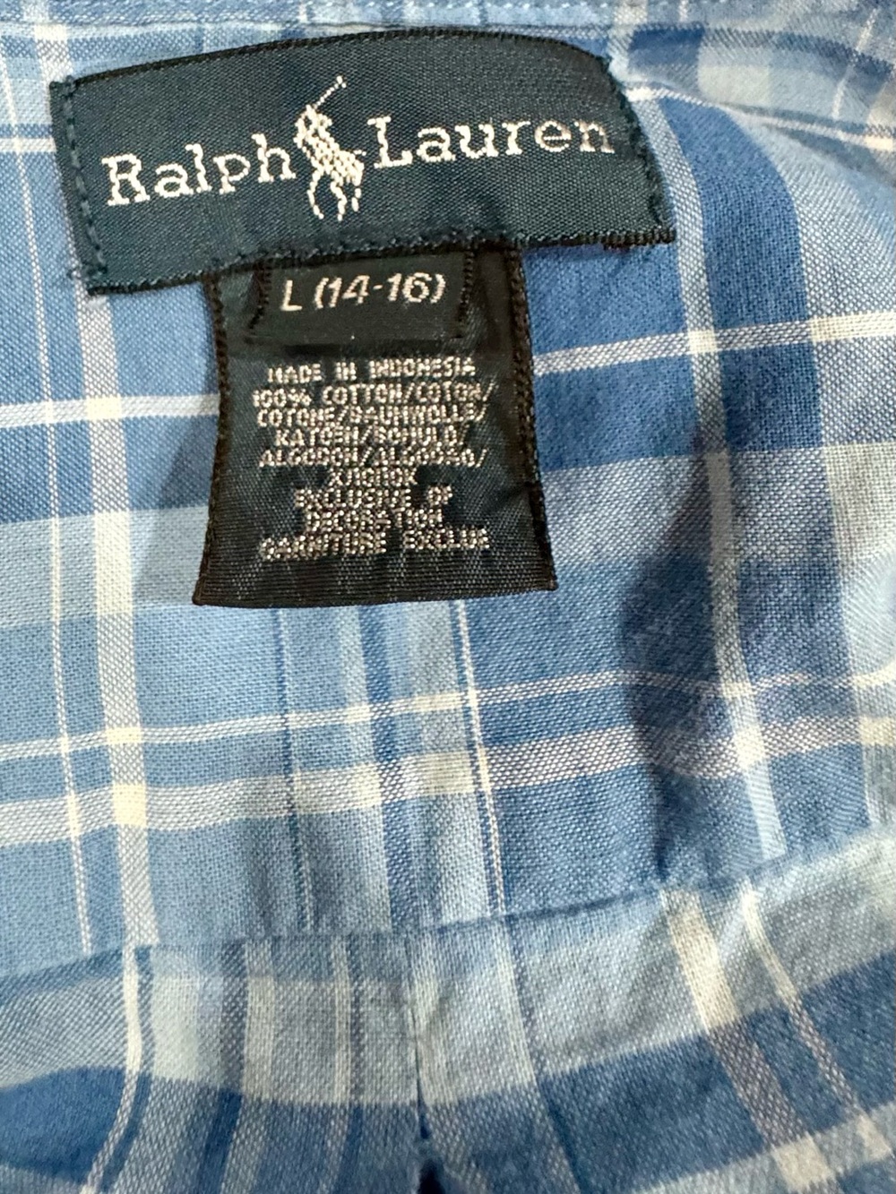 Ralph Lauren Boys L 14-16 Blue White Plaid Long Sleeve Button Down Shirt - Picture 3 of 4